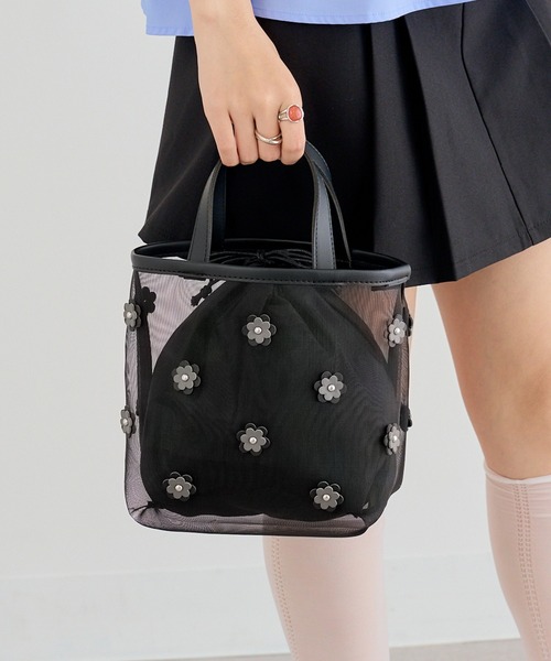 セール】【MIAN】フラワーメッシュミニトート バケツバッグ 巾着