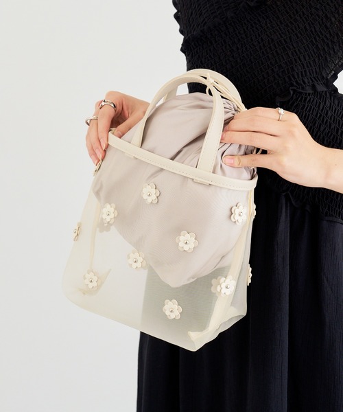 ミニトートバッグ セール】【MIAN】フラワーメッシュミニトート バケツバッグ 巾着付き