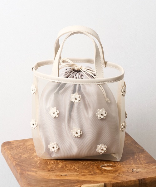 セール】【MIAN】フラワーメッシュミニトート バケツバッグ 巾着付き
