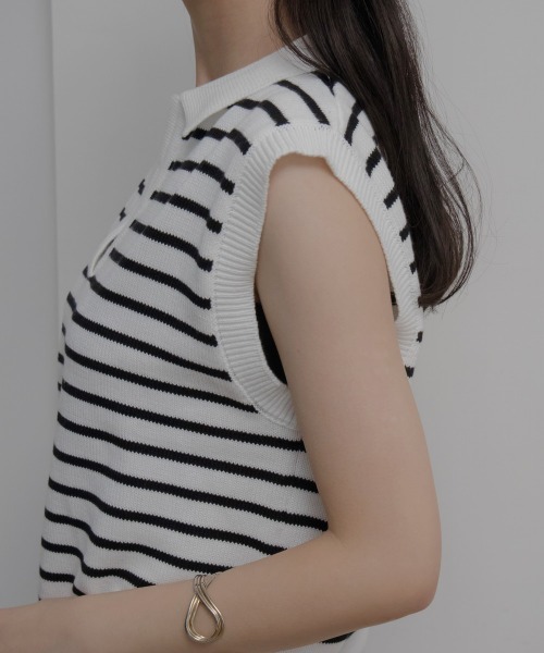 slattgir（スラットジール）の「高身長　ボーダースキッパー衿ノースリーブニット（トールサイズ）Essenave（ニット/セーター・レディース・ブラック系/ホワイト系・LL/3L/4L/5L/M/L）」の7枚目の写真