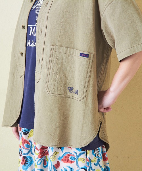 CUBE SUGAR（キューブシュガー）の「綿ボイルロゴ刺繍ノーカラーシャツ（シャツ/ブラウス・レディース・マスタード/ナチュラル/チャコールグレー/カーキ/マルチ・M）」の18枚目の写真