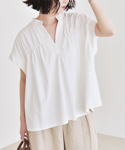 quaranciel:〈手洗い可能〉ギャザー スキッパー バンドカラー プル