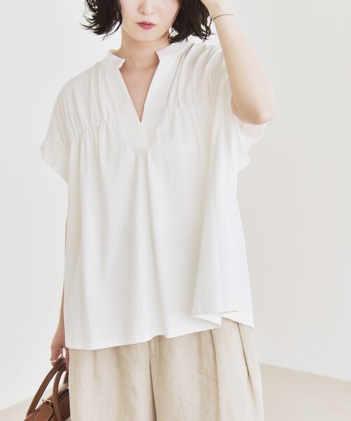 quaranciel:〈手洗い可能〉ギャザー スキッパー バンドカラー プルオーバー quaranciel:〈手洗い可能〉ギャザー スキッパー バンドカラー