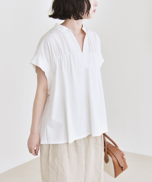 quaranciel(カランシエル)の「quaranciel:〈手洗い可能〉ギャザー スキッパー バンドカラー プルオーバー(Tシャツ/カットソー・レディース・イエロー/ブラック/ホワイト・ONE SIZE)」の10枚目の写真