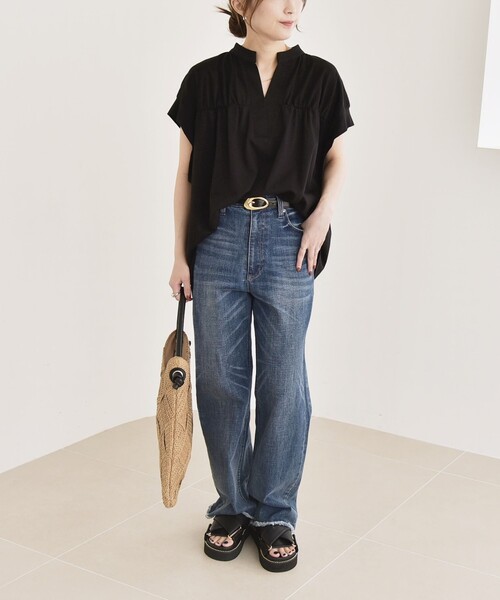 quaranciel(カランシエル)の「quaranciel:〈手洗い可能〉ギャザー スキッパー バンドカラー プルオーバー(Tシャツ/カットソー・レディース・イエロー/ブラック/ホワイト・ONE SIZE)」の12枚目の写真