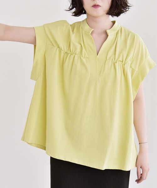 希少 Phlannel sol バンドカラープルオーバーシャツ 柿乃葉 quaranciel:〈手洗い可能〉ギャザー スキッパー バンドカラー