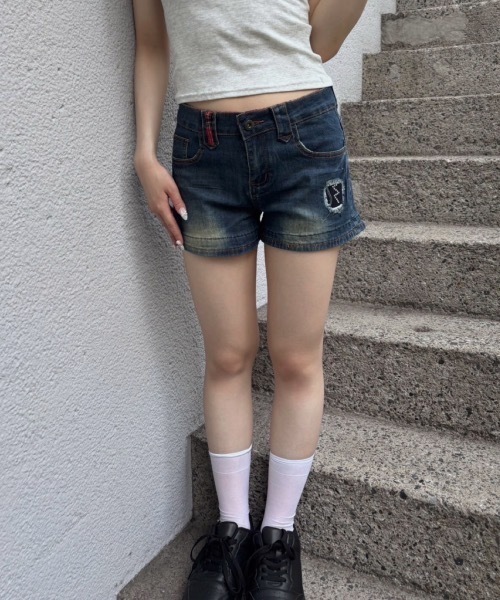 レイヤードチェックショートパンツ Checked Layered Denim Shorts / チェック柄レイヤードデニム
