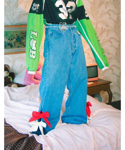 Little sunny bite(リトルサニーバイト)の「denim ribbon pants(デニムパンツ・レディース・インディゴブルー/ブルー・MEDIUM/SMALL)」の1枚目の写真