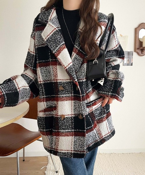 mily bilet（ミウィビレット）の「【mily bilet】冬のコーデを引き立てる。起毛ブークレーチェック柄コクーンシルエットダブルジャケットコート（チェスターコート・レディース・キャメル/ブラック/アイボリー・MEDIUM/SMALL/X-LARGE/LARGE）」の22枚目の写真