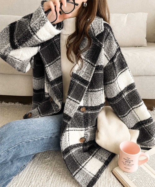 mily bilet(ミウィビレット)の「《10月上旬再入荷!予約受付中》【mily bilet】冬のコーデを引き立てる。起毛ブークレーチェック柄コクーンシルエットダブルジャケットコート(チェスターコート・レディース・キャメル/ブラック/アイボリー・MEDIUM/SMALL/X-LARGE/LARGE)」の18枚目の写真