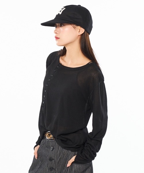 シアーヘンリーネックプルオーバー　ブラック SHEER HENRY NECK LONG SLEEVE PULLOVER / シアーヘンリーネック