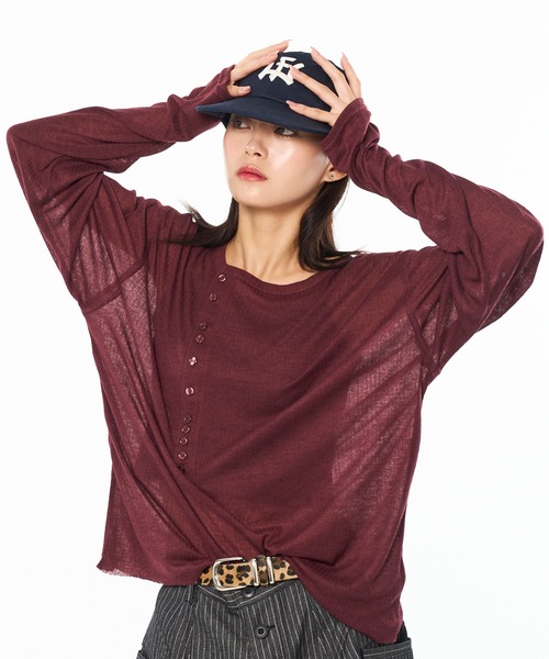 シアーヘンリーネックプルオーバー　ブラック シップス SHIPS PLA シアー ワッフル ヘンリーネック プル