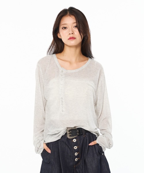 シアーヘンリーネックプルオーバー　ブラック SHEER HENRY NECK LONG SLEEVE PULLOVER / シアーヘンリーネック