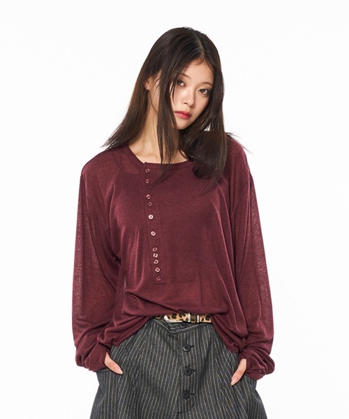 シアーヘンリーネックプルオーバー　ブラック シアーヘンリーネックプルオーバー(F OFF WHITE): トップス