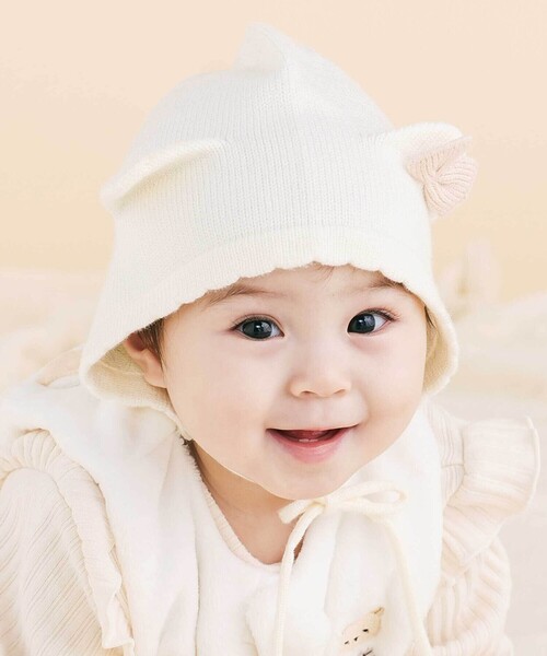 SLAP SLIP BABY(スラップスリップベビー)の「リボン付きぴょっこりネコ耳ニット帽ベビー(44~48cm)(その他ベビー用品・キッズ・ピンク/オフホワイト・FREE)」の2枚目の写真