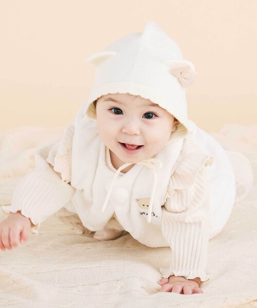 SLAP SLIP BABY(スラップスリップベビー)の「リボン付きぴょっこりネコ耳ニット帽ベビー(44~48cm)(その他ベビー用品・キッズ・ピンク/オフホワイト・FREE)」の7枚目の写真