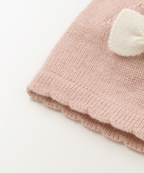 SLAP SLIP BABY(スラップスリップベビー)の「リボン付きぴょっこりネコ耳ニット帽ベビー(44~48cm)(その他ベビー用品・キッズ・ピンク/オフホワイト・FREE)」の3枚目の写真