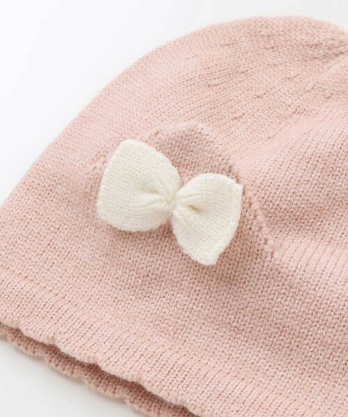 SLAP SLIP BABY(スラップスリップベビー)の「リボン付きぴょっこりネコ耳ニット帽ベビー(44~48cm)(その他ベビー用品・キッズ・ピンク/オフホワイト・FREE)」の4枚目の写真