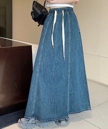 切替 フレア デニム ロング スカート