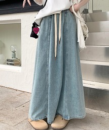 切替 フレア デニム ロング スカート