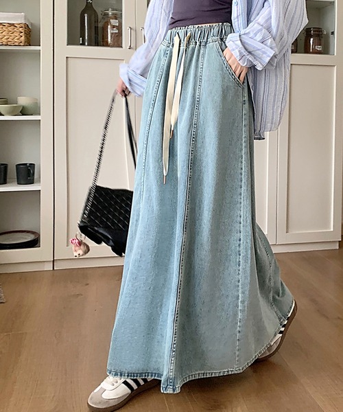 Lace Ladies(レースレディース)の「切替 フレア デニム ロング スカート(デニムスカート・レディース・ライトブルー/ネイビー・S/M/XL)」の12枚目の写真