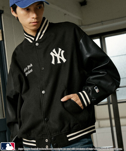 MLB（メジャーリーグベースボール）の「MLB/メジャーリーグベースボール 別注 STUDIUM JACKET/フェイクレザースタジャン(限定展開)（ブルゾン・メンズ・ブラック系その他2/ブラック系その他/ネイビー/ブラウン・SMALL/MEDIUM/LARGE）」の3枚目の写真