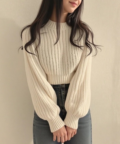 cammie(キャミー)の「クルーネッククロップドニット(ニット/セーター・レディース・ブラック/オフホワイト/ピンク/ブラウン・F)」の2枚目の写真