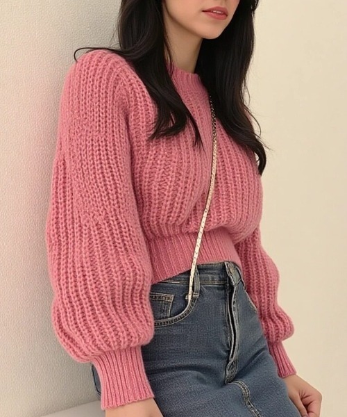 cammie(キャミー)の「クルーネッククロップドニット(ニット/セーター・レディース・ブラック/オフホワイト/ピンク/ブラウン・F)」の4枚目の写真