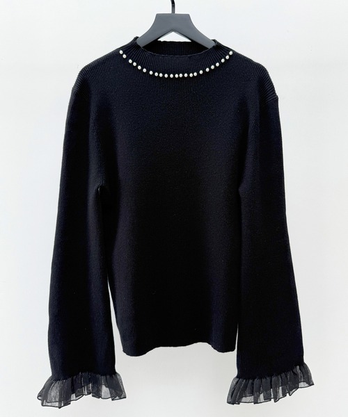 セール】襟パール付リブ編みニットトップス（ニット/セーター