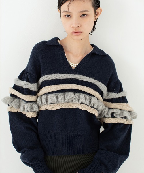セール】Textured Ruffle Sleeve Polo（ポロシャツ）｜leinwande