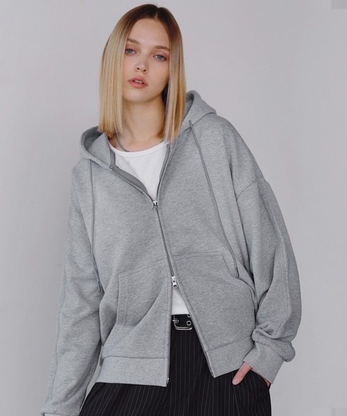 ヘビーウェイトピグメントサイドライン短丈ダブルジップフーディー