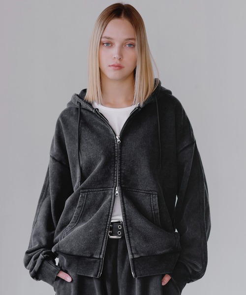 ヘビーウェイトピグメントサイドライン短丈ダブルジップフーディー