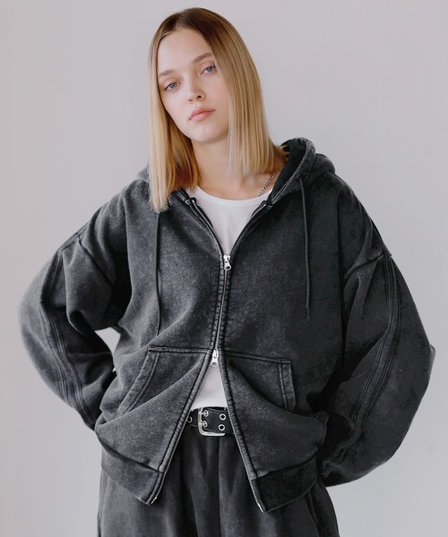 ヘビーウェイトピグメントサイドライン短丈ダブルジップフーディー