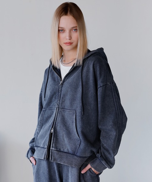 PUTUMAYO 半袖 ダブルジップパーカー Aライン ヘビーウェイトピグメントサイドライン短丈ダブルジップフーディー