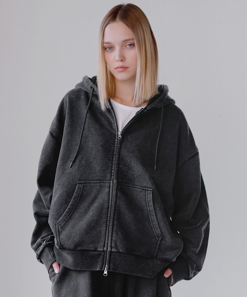 ヘビーウェイトピグメントサイドライン短丈ダブルジップフーディー