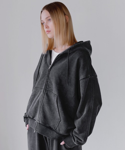 ROCHEM（ローシェン）の「ヘビーウェイトピグメントサイドライン短丈ダブルジップフーディー（パーカー・メンズ・ブラウン/ネイビー/グレー/ブラック・L/M/S/XS）」の9枚目の写真