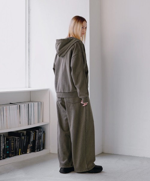 ヘビーウェイトピグメントサイドライン短丈ダブルジップフーディー