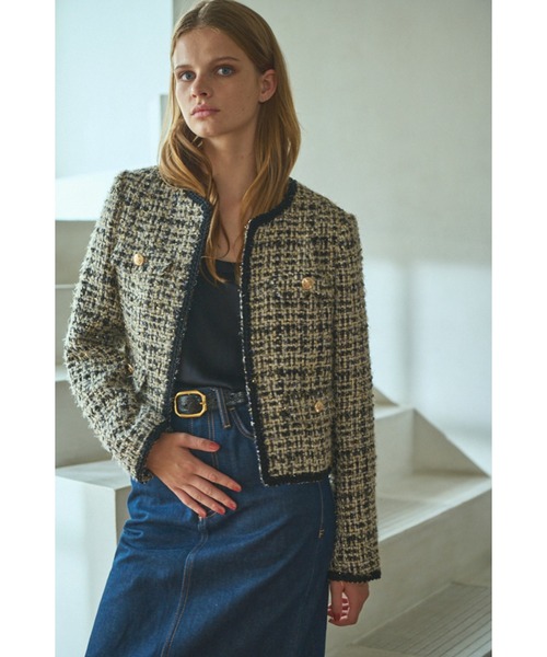 Estella.K(エステラケー)の「Kelly Tweed Jacket ブレードトリムスパークリングジャケット(ノーカラージャケット・レディース・ホワイト系その他/ブラック系その他・FREE)」の1枚目の写真