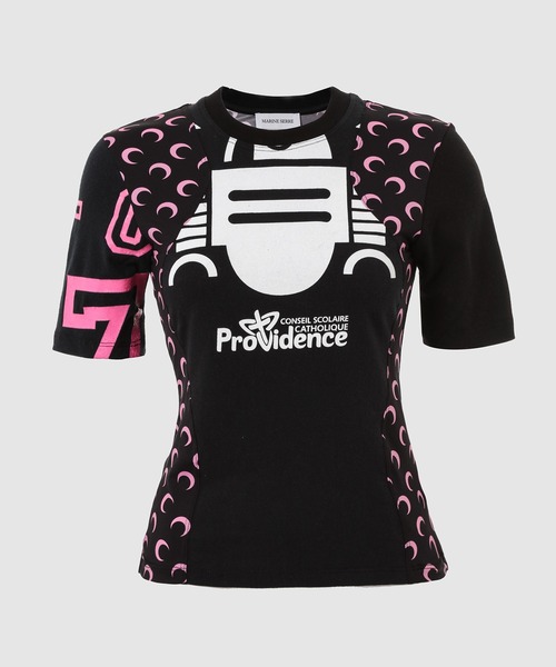 MARINE SERRE(マリーン・セル)の「REGENERATED GRAPHIC JERSEY BABY FIT T-SHIRT(Tシャツ/カットソー・レディース・ブラック系その他/ホワイト系その他・S/XS)」の1枚目の写真