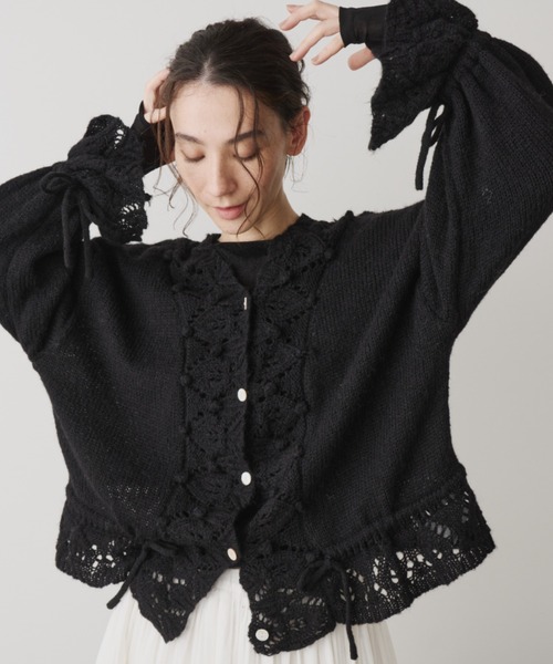 poláura polaura ポローラ レースフリルカーディガン black TOPS