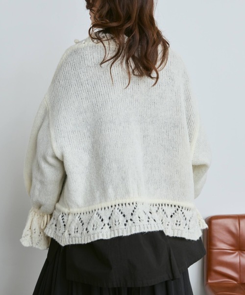 アンティークフリル付きオフホワイトニットカーディガン セール】フリルレースニットカーディガン（カーディガン/ボレロ