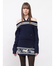 Tied Off-Shoulder Knit Top Navy