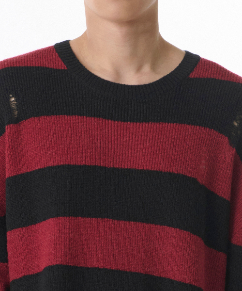 MUSINSA STANDARD（ムシンサスタンダード）の「90年代グランジストライプクルーネックニット[レッド/ブラック]（ニット/セーター・メンズ・その他・X-LARGE/XX-LARGE/LARGE）」の4枚目の写真