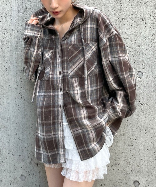 3.3 Field Trip （3.3フィールドトリップ）の「3.3 Field Trip／フーディ―付チェックシャツ2（シャツ/ブラウス・レディース・ブラック/ブルー/ブラウン・FREE）」の3枚目の写真