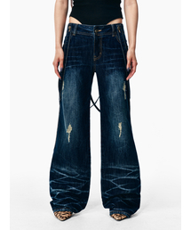 CROSS STRAP FADED DENIM PANTS BLUE