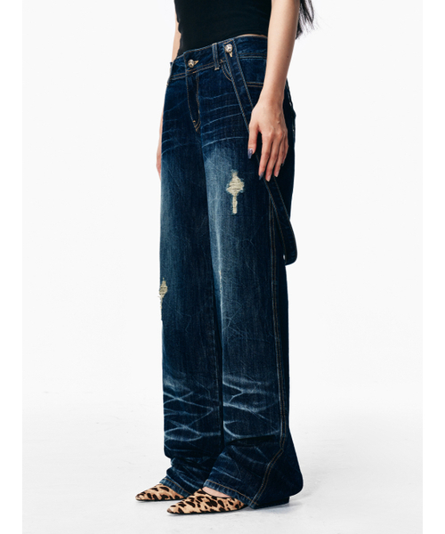 YEEL（ワイイーイーエル）の「CROSS STRAP FADED DENIM PANTS BLUE（デニムパンツ・レディース・その他・MEDIUM/SMALL/LARGE）」の2枚目の写真