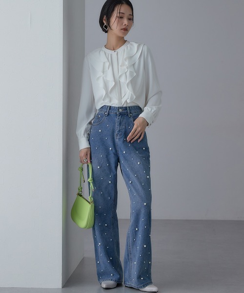 Callarus(カラルス)の「<単品>パウダークロスフロントフリルデザインブラウス〔Callarus〕(シャツ/ブラウス・レディース・ブラック/オフホワイト・S/M/L/LL/3L)」の22枚目の写真