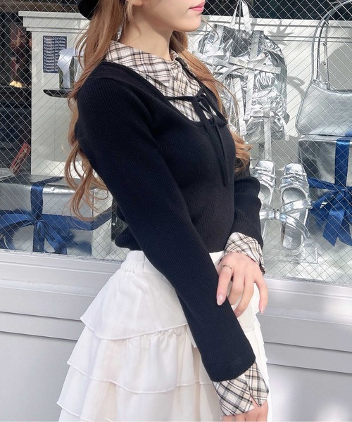 INGNI（イング）の「チェックシャツドッキングフロントリボンニット（ニット/セーター・レディース・ブラック系その他6/グレー系その他3・M）」の5枚目の写真