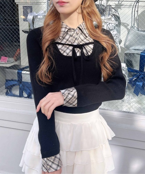 INGNI（イング）の「チェックシャツドッキングフロントリボンニット（ニット/セーター・レディース・ブラック系その他6/グレー系その他3・M）」の4枚目の写真