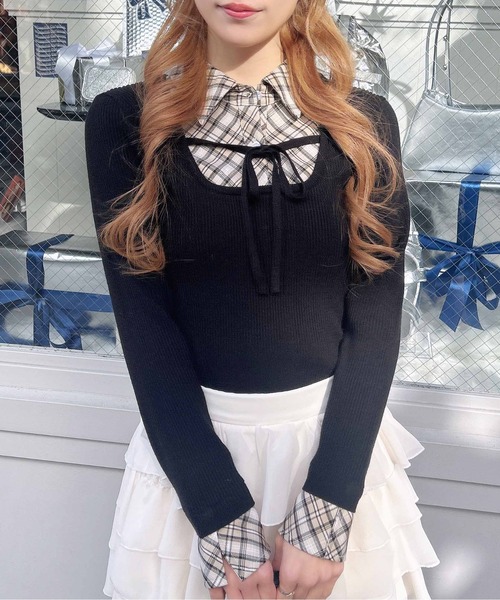 INGNI（イング）の「チェックシャツドッキングフロントリボンニット（ニット/セーター・レディース・ブラック系その他6/グレー系その他3・M）」の3枚目の写真